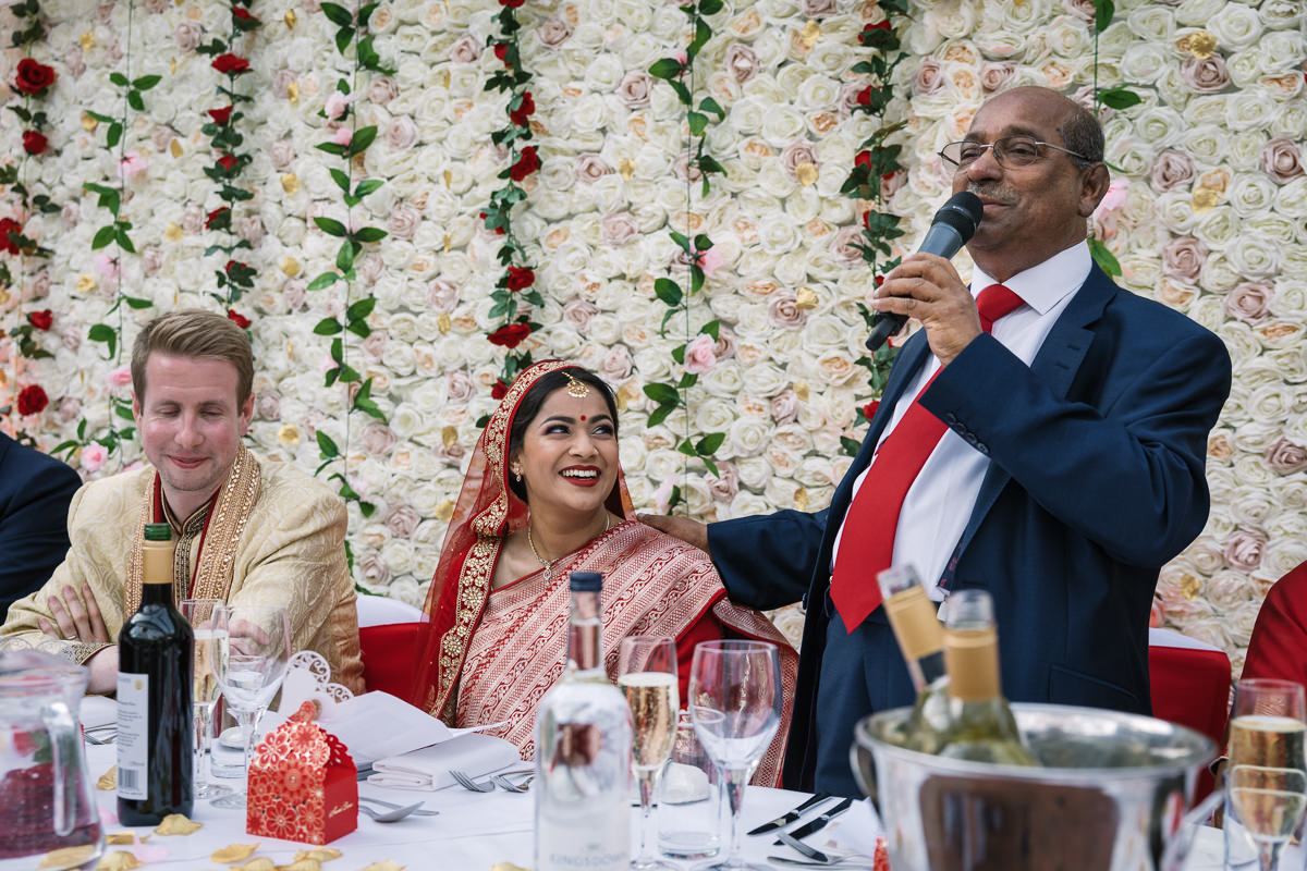 indian fusion wedding breakfast speeches at denbies vineyard wedding photography by documentary wedding_photographer surrey for natural candid colourful authentic unposed relaxed images