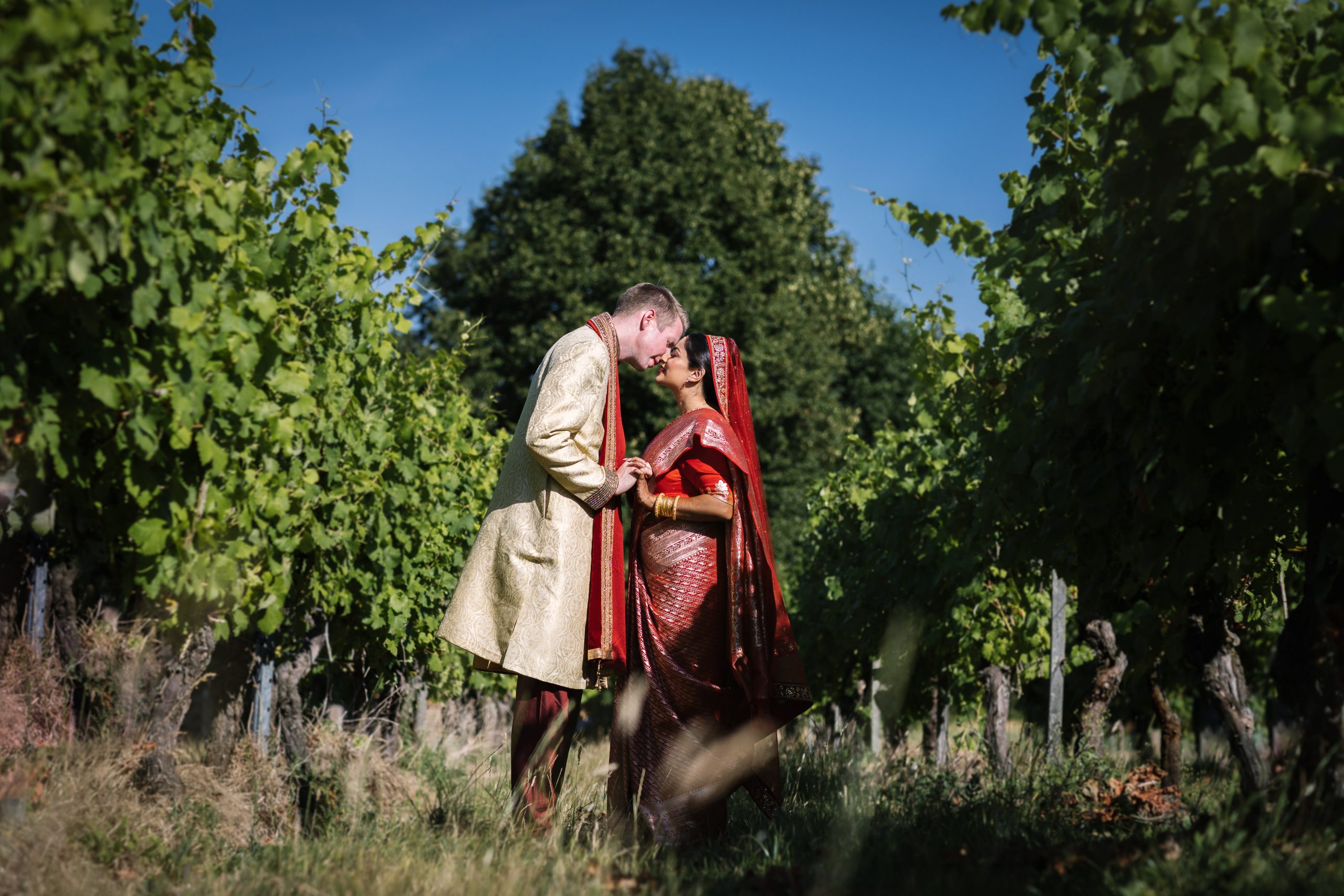 bride and groom portrait indian fusion wedding at denbies vineyard dorking natural unposed candid wedding photography by LGBTQ_friendly documentary wedding photographer surrey sussex